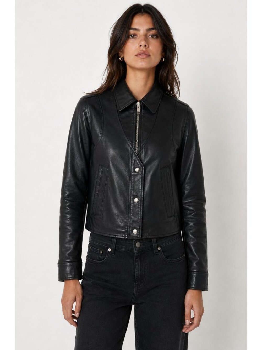 NWT $1295 RTA Pointed Collar Leather Cropped Jacket Black Size XXS